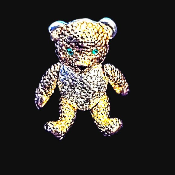 Napier Jointed/Articulated Two-tone Teddy Bear Brooch w/Emerald Rhinestone Eyes - Picture 1 of 8